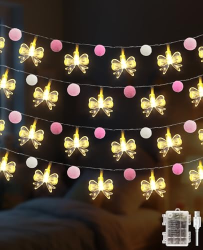 AceList 20 LED Bow String Lights with Pink Balls, USB & Battery Powered Fairy Lights for Bedroom, Bow Decor, Pink Bow Room...