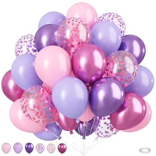 Pink and Purple Balloons, 50PCS 12 Inch Confetti Balloons, Metallic Purple Pink Latex Balloons with Ribbon, Party Balloons...
