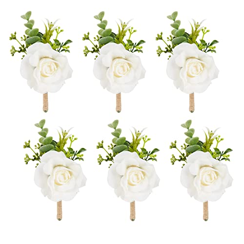Meldel Ivory Rose Boutonniere for Men,Set of 6,Groom and Best Man Boutonnieres with Artificial Flower,for Wedding Ceremony...