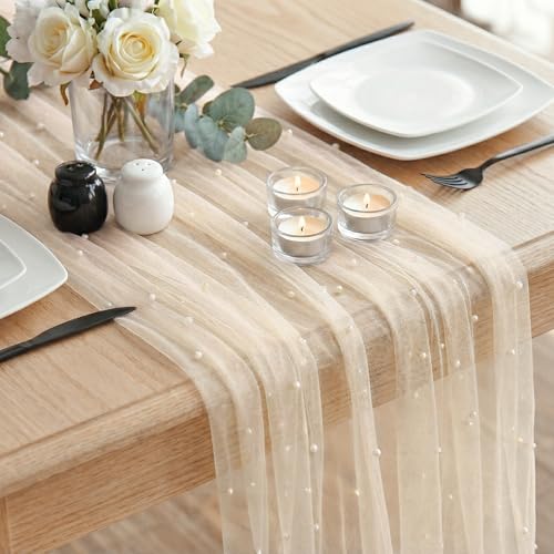 1 Pack Pearl Table Runner, Champagne Gold Boho Tulle Fabric Lace Table Runners 120 Inches for Bridal Shower Birthday Party...