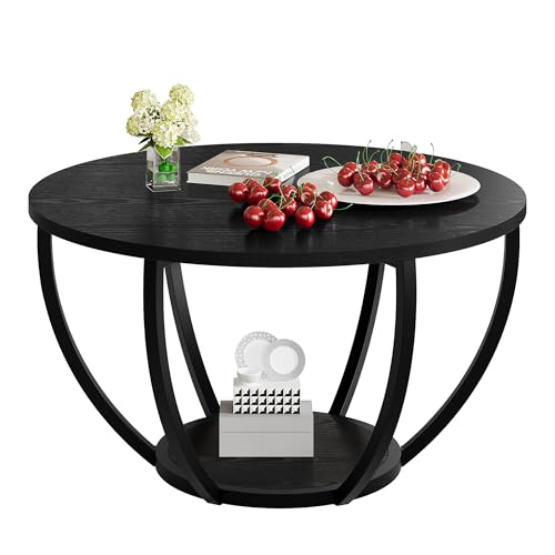 HOMERECOMMEND Round Coffee Table,Wooden 2-Tier Circle Coffee Tables with Storage Shelves,Accent Center Table for Living Ro...