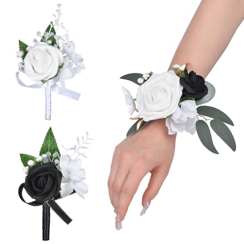 DearHouse Rose Wristband Corsage, Artificial Flowers for Wedding Bridesmaid Hand Flower Decor, 2 Pack (4, Black)