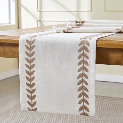 Aoztio Rustic Style Embroidered Table Runner, 13x72 Inch Irregular Willow Leaf Table Runners 72 Inches Long for Dresser De...