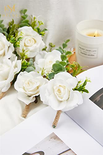 Meldel Ivory Rose Boutonniere for Men,Set of 6,Groom and Best Man Boutonnieres with Artificial Flower,for Wedding Ceremony...