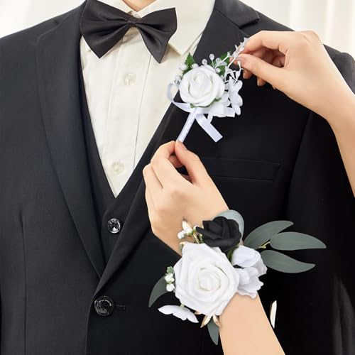 DearHouse Rose Wristband Corsage, Artificial Flowers for Wedding Bridesmaid Hand Flower Decor, 2 Pack (4, Black)