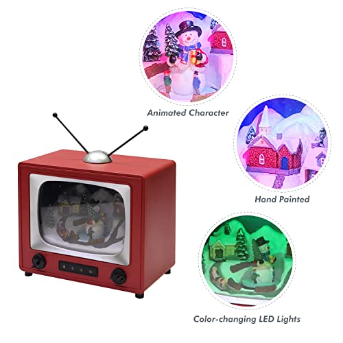 MOMENTS IN TIME Red Retro TV with Snowy Village Home Scene (Animated Snowman) with LED Lights 6" H, 8 Classic Carols Chris...