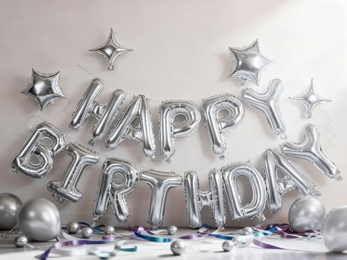 Silver Happy Birthday Banner Balloon Aluminum Foil 16 Inch Letter,10 Inch Five Pointed Star Four Pointed Star Suitable for...