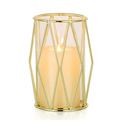 Nuptio Candle Holders for Pillar Candles - Geometric Candleholders Gold Flower Vase with Hurricane Cylinder Glass Dual Use...