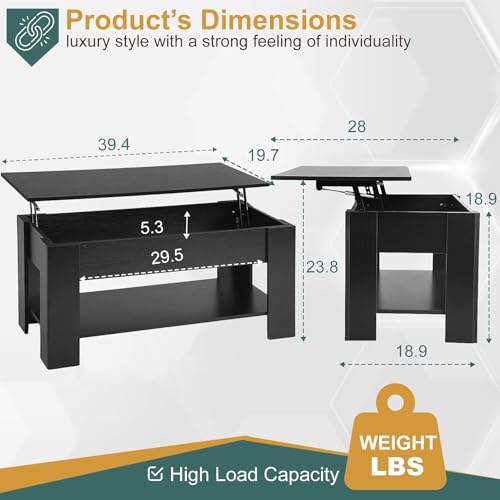 PayLessHere Coffee Table Lift Top Coffee Tables with Hidden Compartment and Storage Shelf Wooden Lift Tabletop Dining Tabl...