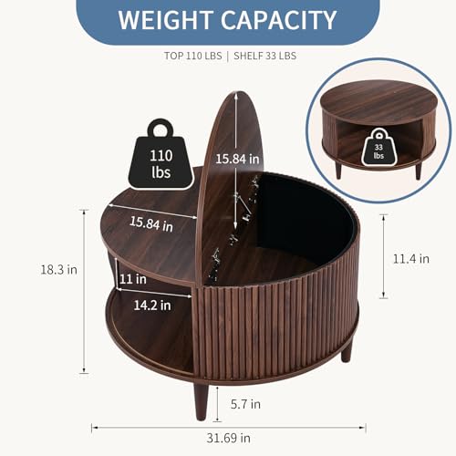 DUMOS Coffee Table, Round Coffee Tables with Storage, Fluted Center Table for Living Room, 31.69" Mid Century Modern Table...