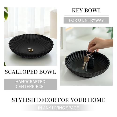 Hanobe Black Decorative Bowl Decor: Modern Resin Scalloped Ruffle Key Tray for Home Living Entryway Coffee Tables Centerpi...