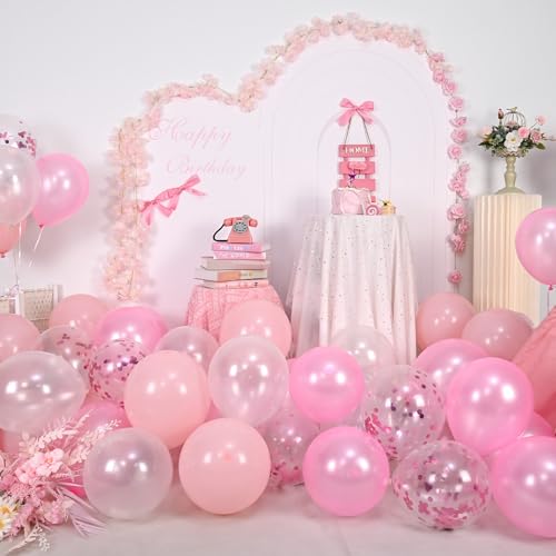 Balloons Pink and White, 60 Packs 12 Inch Light Pink White Balloons with Confetti Balloons for Birthday Party Decorations ...