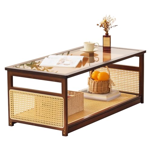 Tiita Coffee Tables for Living Room，Mid Century Modern Storage 2-Tier Coffee Tables，Rattan Glass RectangleTables，Suitable ...