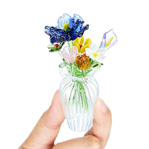 Fiwochic 7 Color Glass Birth Flower Decor Glass Birthday Month Flower Bouquet with Small Vase Crystal Wildflower Blossom f...