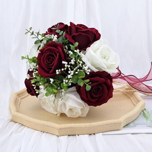 Vkkperp 9in Wedding Bouquets for Bride Bridesmaid, Burgundy & White Artificial Roses Flowers Bouquet for Rustic Church Boh...