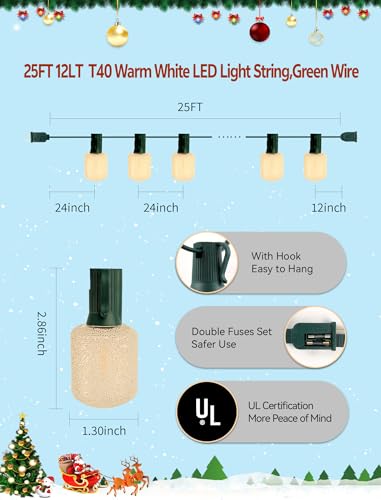 Adirxon Outdoor String Lights, 25FT T40 Retro LED Christmas Lights, Waterproof Warm White Patio Lights for Porch, Bistro, ...