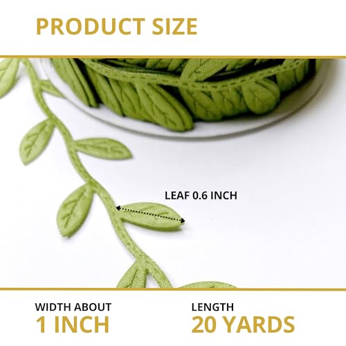 Leaf Ribbon 20 Yard Fabric Ribbons Roll Green Leaf Tape 1" Width Artificial Olive Trim Tape for Gift Wrapping Craft DIY