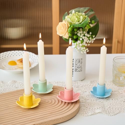 Colorful Ceramic Candlestick Holders Set of 4, Cute Easter Taper Candle Holders Chic Flower Shaped Table Centerpiece for W...