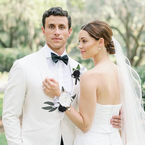 DearHouse Rose Wristband Corsage, Artificial Flowers for Wedding Bridesmaid Hand Flower Decor, 2 Pack (4, Black)