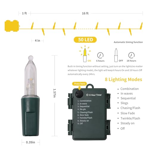 WATERGLIDE 50 LED Outdoor Christmas Lights, 16 FT Battery Operated Mini String Lights with 8 Modes & Timer, Xmas Tree Ligh...