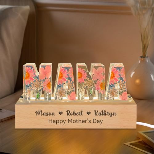 Smallduuck Personalized Grandma Resin Flower Lamp Custom Resin Letter Lights with 1-15 Name Epoxy Resin Night Light Dry Fl...