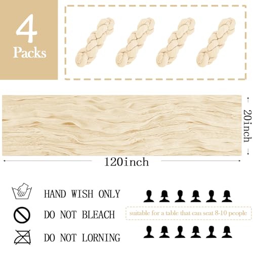 4 Pack Ivory Cheesecloth Table Runner 20 x 120 inch Gauze Table Runners 10 FT Long,Semi Sheer Cheese Cloth Fabric Table Ru...