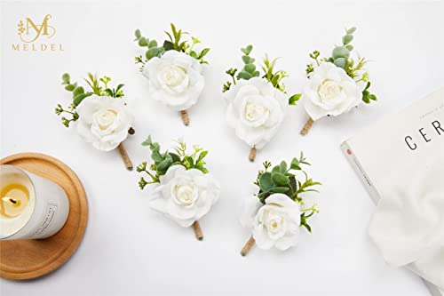 Meldel Ivory Rose Boutonniere for Men,Set of 6,Groom and Best Man Boutonnieres with Artificial Flower,for Wedding Ceremony...