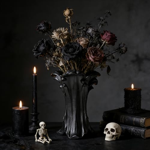 ZgdLScyF Vintage Gothic Ceramic Vase, 8.74×6.46×5.63inches, Matte Black Flower Vase for Red & Black Roses,Dark Academia Wi...