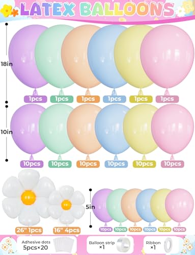 Haolongfa Daisy Balloon Arch Garland Kit - 131 Pcs Pastel Rainbow balloon arch kit with Daisy Balloons, for Birthday Part...