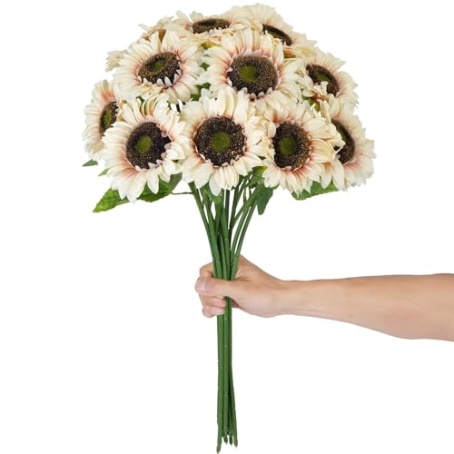 HUAESIN 26" Sunflowers Artificial Flowers Long Stem White Fake Sunflower with 6" Large Heads 12 Pcs Realistic Silk Flower ...