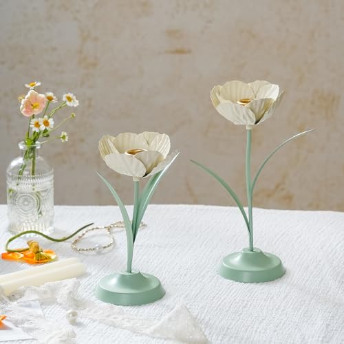 NIKKY HOME Tulip Taper Candle Holders Set of 2, Vintage Elegant Flower Shaped Metal Candlestick for Table Centerpieces, We...