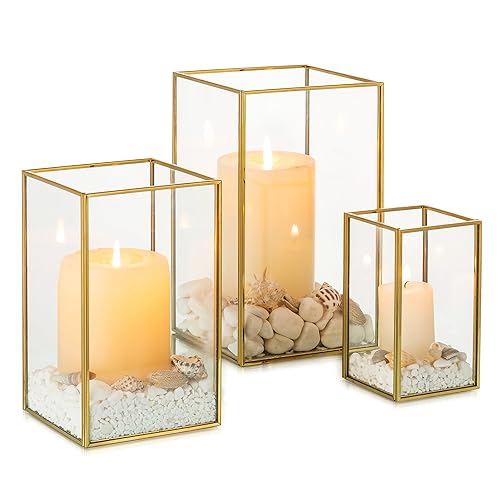 NUPTIO Hurricane Glass Candle Holders: 3Pcs Gold Lanterns Candle Holder for Pillar Candles Geometric Table Centerpiece for...