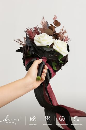 Ling's moment Black Artificial Wedding Flower Bouquets for Bridesmaids Burgundy Floral Bouquet Mashala Bridesmaid Bouquets...