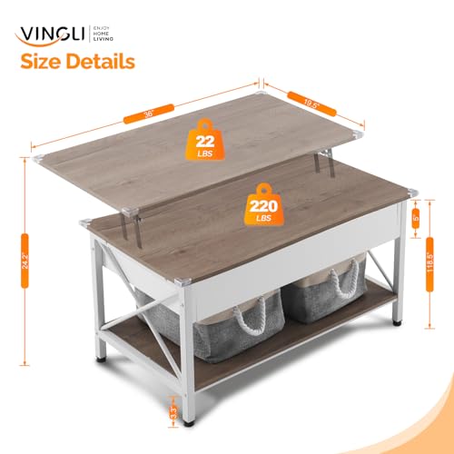 VINGLI 36" Lift Top Coffee Table with Free Cloth Storage Bins, White Walnut Framhouse Coffee Tables for Living Room, Small...
