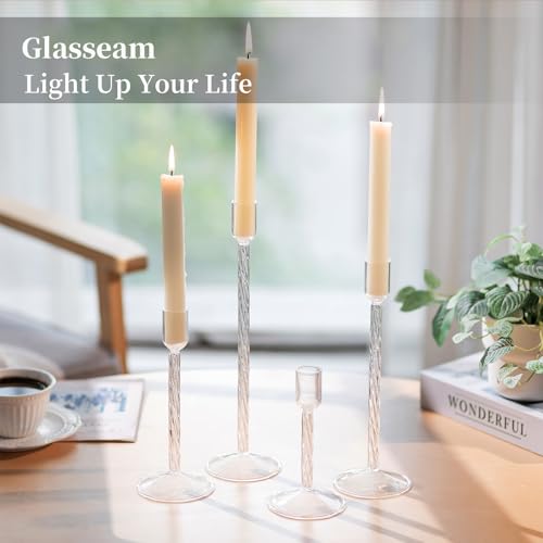 Glasseam Glass Candlestick Holders Clear: Taper Candle Holders Set of 4 Tall Candle Stick Candle Holder for Tapered Candle...