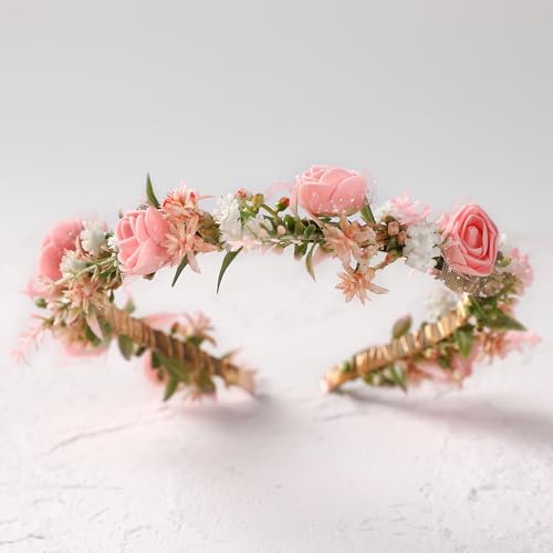 KorViSHOW Women's Pink Flower Headband - Girl Flower Headpiece Romantic Bohemian Lace Foam Headband for Wedding Decoration...