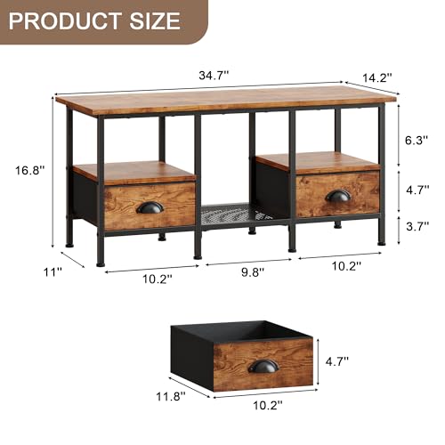 Furologee 35" Coffee Table with 2 Storage Drawers, Small Coffee Tables for Living Room, Industrial Center Table with 2 Tie...