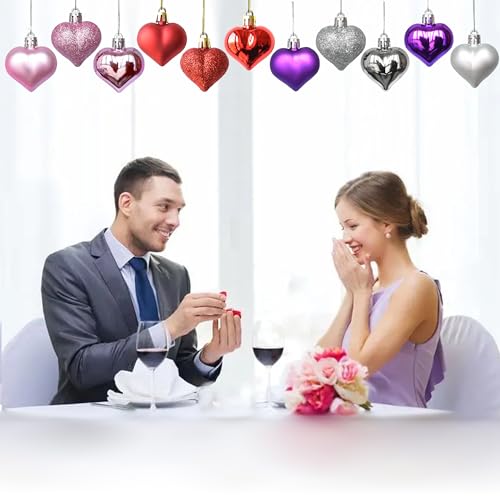Tindobewan 12Pcs Heart Ornaments Multi Finish Heart Baubles Hanging Ornaments for Valentine’s Day Decor Mother's Day Chris...
