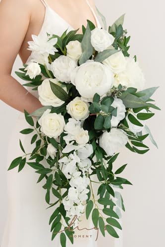Ling's moment White Bridal Bouquet Cascading, Ivory Wedding Bouquets for Bride, 15 Inch Bride Bouquets for Wedding Artific...