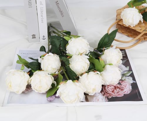 INSUNSIX 10pcs White Silk Peonies with Single Stem - Faux Flowers for Wedding Table Centerpieces, Home Decorations, Bridal...