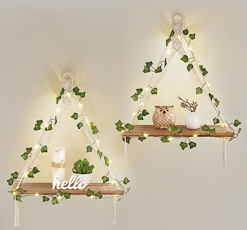 Mkono Artificial Ivy Macrame Hanging Shelves with Lights Set of 2 Boho Wall Decor Display Plants Photos Wood Floating Stor...