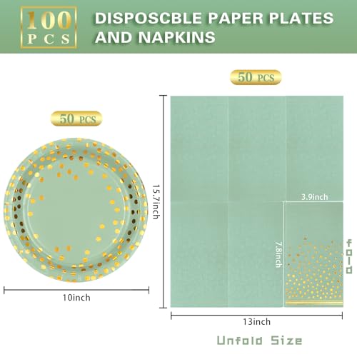 Boocikey 100 Pcs Sage Plates and Napkins Party Supplies,Sage Green Party Plates with Golden Dot for Birthday Baby Shower B...