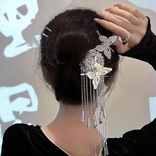 1PCS Chinese Style Hairpin Vintage Silver Butterfly Hairpin Ethnic Style Hair Accessories with Long Tassel for Women