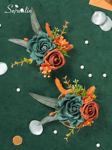 Serwalin 2 Pcs Boutonniere, 6-7 Inch Teal Orange Corsage for Wedding, Boutonniere for Men Groom and Best Man Prom Ceremony...