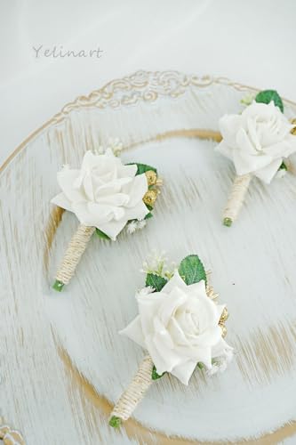 Yelinart 1 pc Ivory Rose Men Boutonniere for Wedding Groom Groomsmen Artificial Flowers Boutonniere for Prom Homecoming