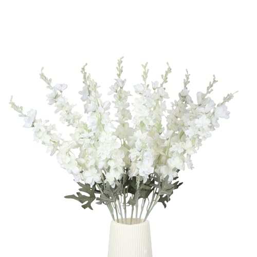 10PCS White Delphinium Artificial Flowers Larkspur Fake Flowers 34.6in Long Stem Faux Silk Flowers Bulk for Tall Vase for ...