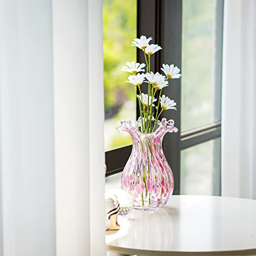 QFkris Handblown Glass Vase, Modern Art Flower Vase with Pink Petal Decorative for Home Decor, 8.5 inch Tall for Living Ro...