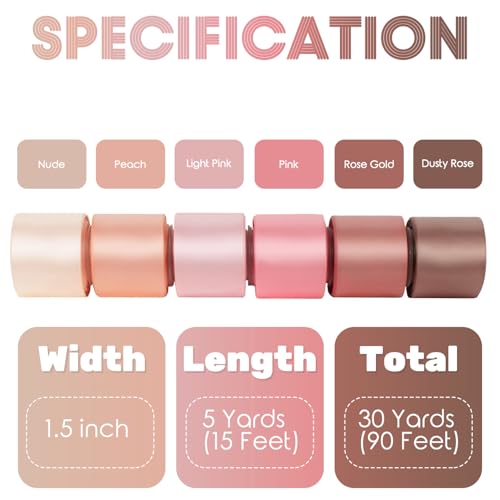 Mlurcu Pink Ribbon 1-1/2 Inch Pink Satin Ribbon Dusty Rose/Rose Gold/Nude/Peach/Pink Ribbons for Gift Wrapping Flower Bouq...