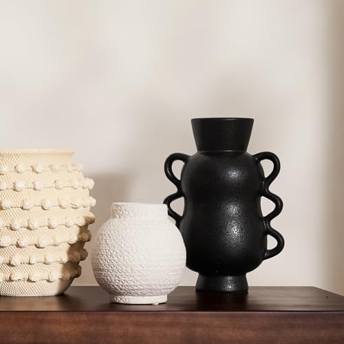 DN DECONATION Black Ceramic Vase Home Decor with Wave Handles, 10'' Tall Rustic Farmhouse Flower Vase for Table Centerpiec...