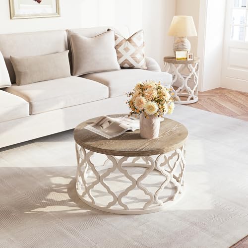 karlott Farmhouse Coffee Table, French Country Round Coffee Table, Coastal Coffee Tables with Distressed Top, Boho Center ...